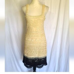 Yoana Baraschi Y2K Designer Cream Flapper Navy Blue Applique Sheath Dress US 8